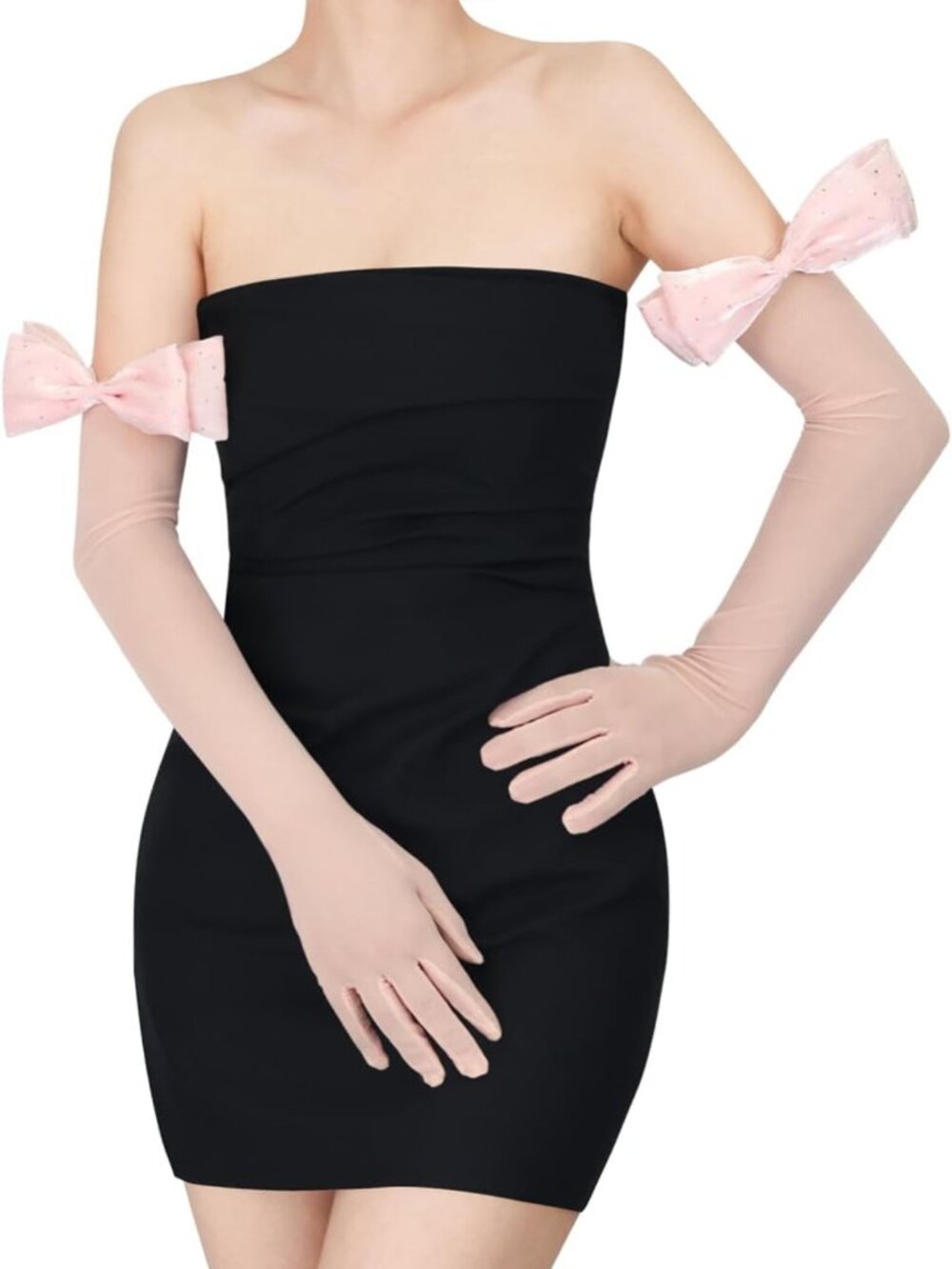 Elegant Long Sheer Mesh Tulle Opera Gloves with Bow - Stretchy & Stylish